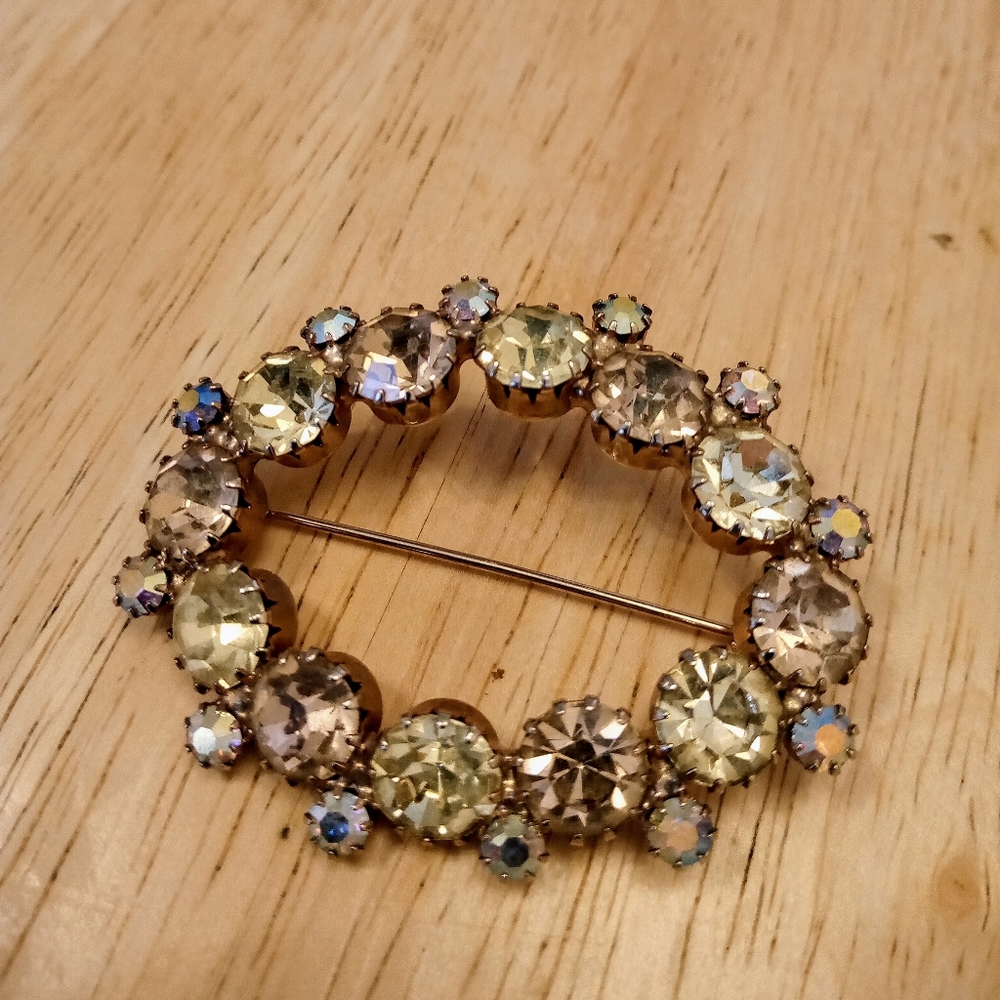 Vintage Jonquil, Topaz and AB rhinestones brooch
